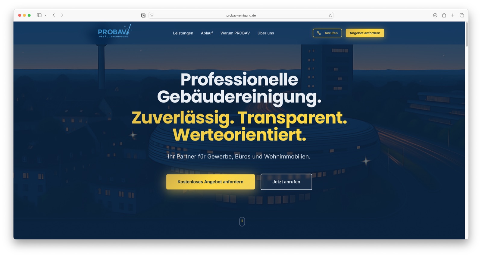 Screenshot der Webseite von Probav Reinigung